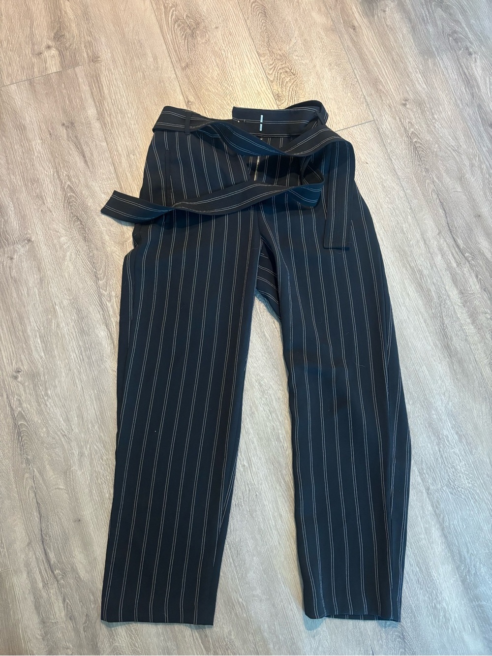 Wilfred Black Pinstripe Wide-Leg Trousers with Self-Tie Belt